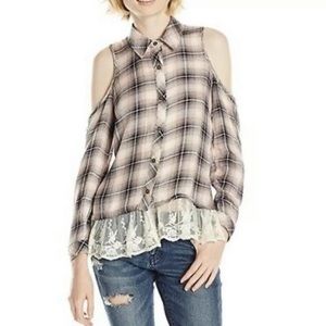 Nwt Jolt Plaid Cold Shoulder Top XS pink/black